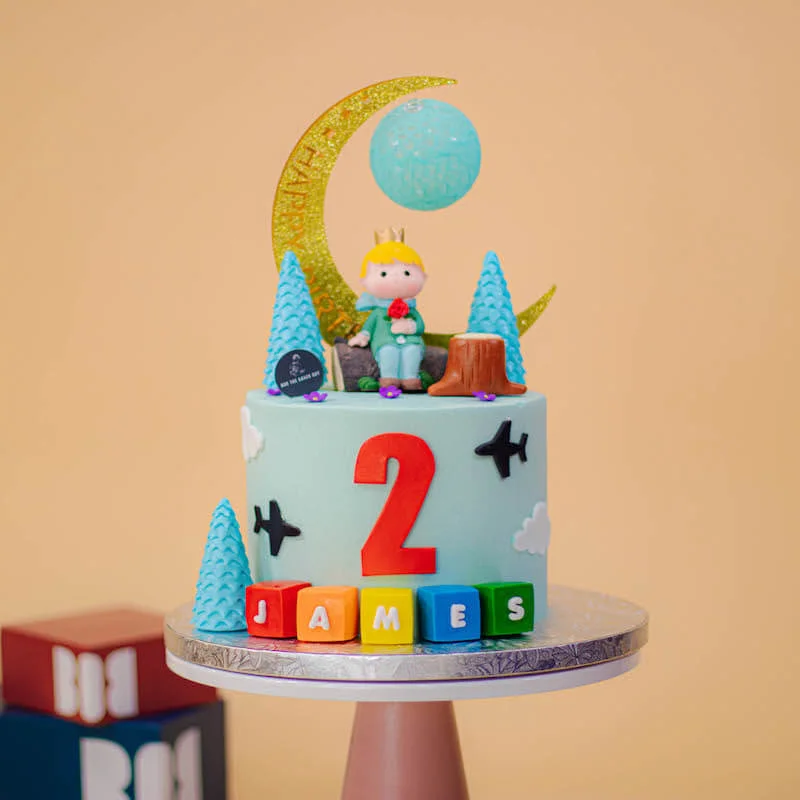 Pastel Blue Cake with Little Prince and Moon Topper 